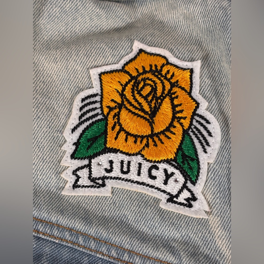 Juicy Couture Cabana Wash Tattoo Patch Distressed Cropped Urban Denim Jacket S - Picture 7 of 14
